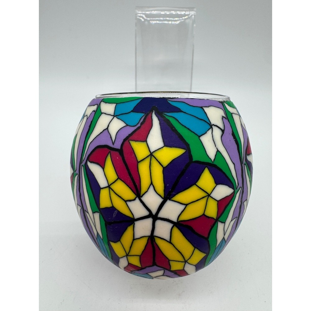 Vintage Christmas Around The World Stained Glass Clay Votive Candle Holder 3x3"